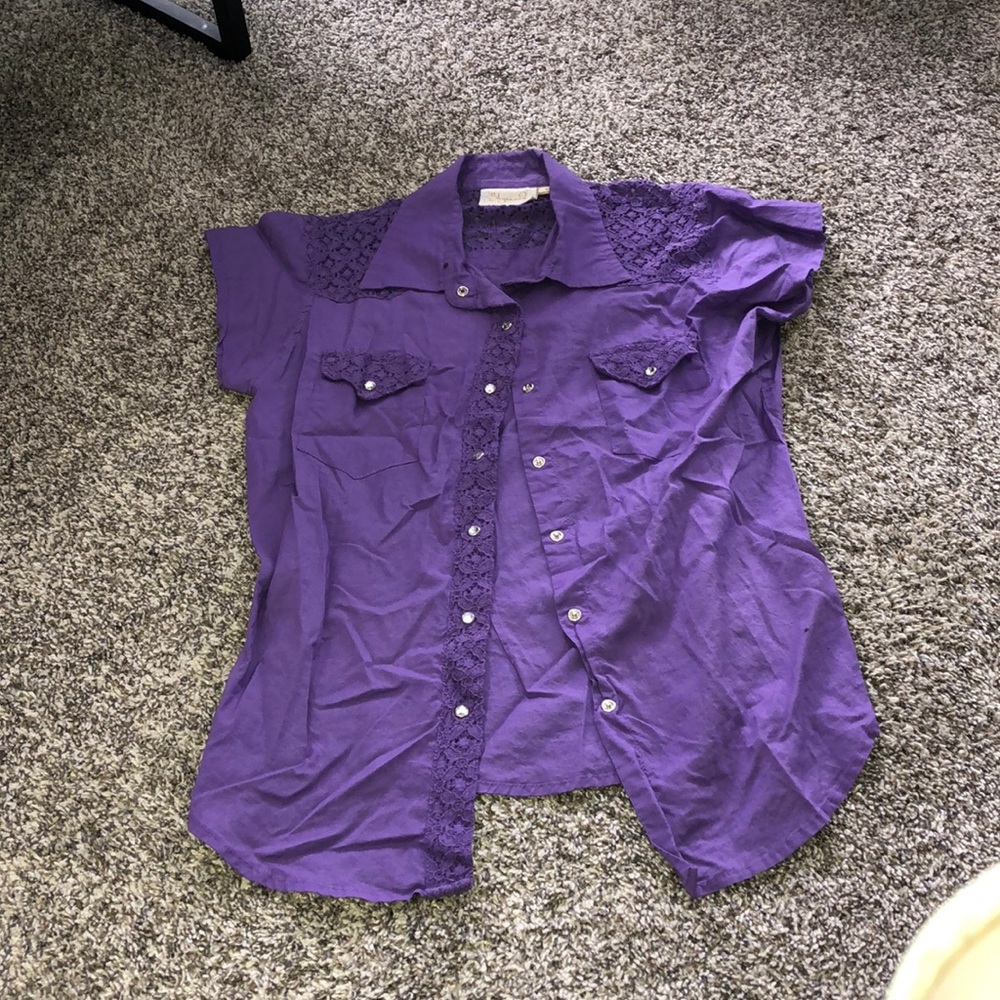 Purple Laced Detailed Short Sleeve Button Up
